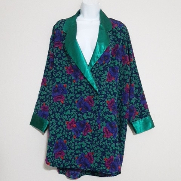 Victoria Secrets Floral Green Satin Women's Jacket Blazer M Y2k Fairy Retro Boho - Picture 1 of 7